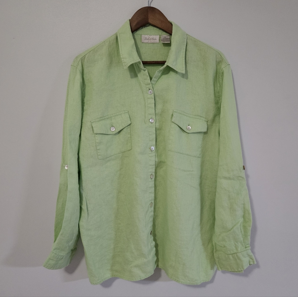 Studio Works Green 100% Linen Button Down Shirt XL